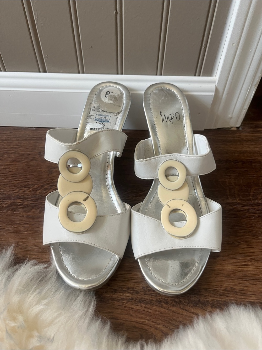 Impo White Slide Mules with Ivory Ring Detail